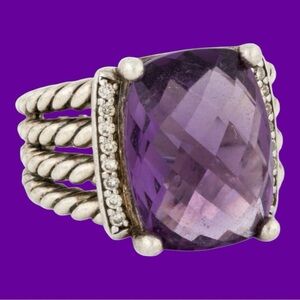 David Yurman 925 silver Amethyst and diamond classic cable rope ring.  4 cables